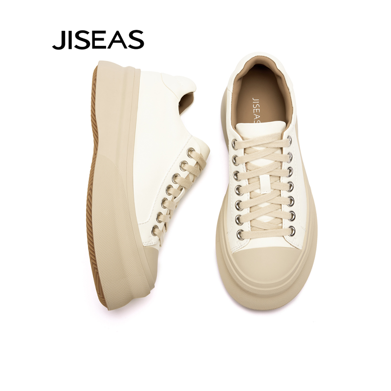 JISEAS休闲鞋女2024秋季新款厚底增高时尚百搭松糕大头真皮小白鞋 - 图1