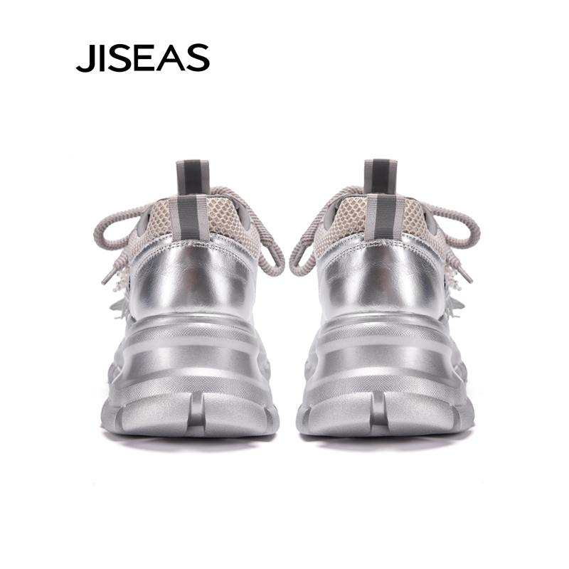 JISEAS2025夏季新款真皮设计感珍珠花朵厚底增高休闲运动老爹鞋女