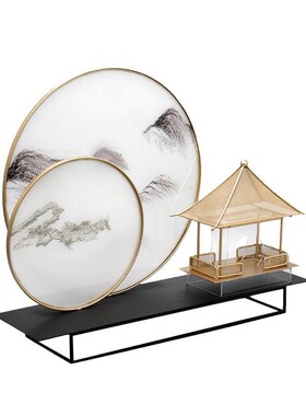 新中式创意山水金属亚克力圆环房B子大摆件样板房展厅酒店大堂摆