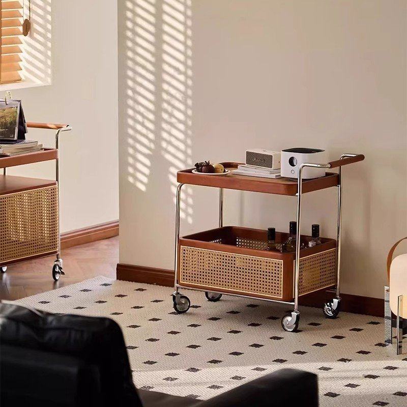 边几中古小推车实木藤编客厅移动收纳置物架双层带轮餐边柜家用,淘宝优惠券,粉丝福利购,淘宝优惠卷