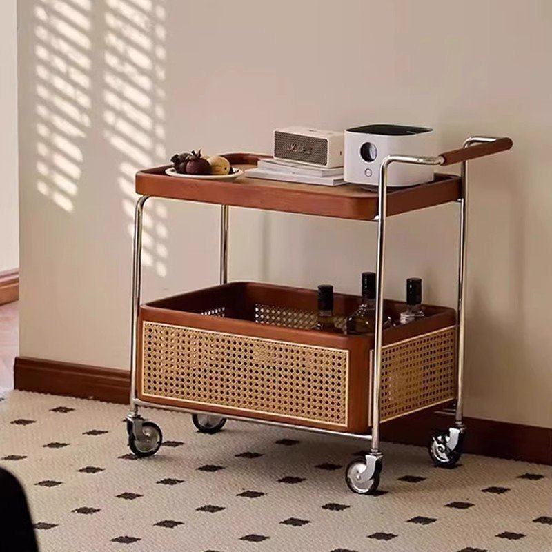 边几中古小推车实木藤编客厅移动收纳置物架双层带轮餐边柜家用,淘宝优惠券,粉丝福利购,淘宝优惠卷