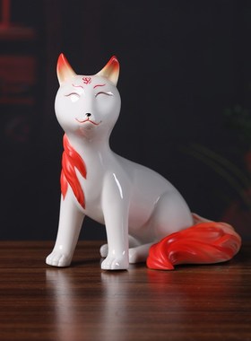 德化陶瓷九尾狐摆件佛堂神像红狐狸家用摆设工艺品X动物灵狐摆设