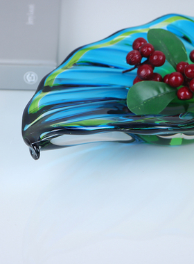 地中海酒店前台水晶摆件工艺品绿蓝色树叶收纳G盘托盘大果盘装饰