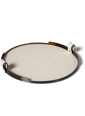 现代圆形编织皮质黑色金属托盘z样板房家居客厅餐厅桌面收纳盘摆