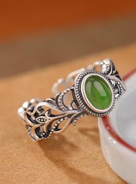 2025新款复古民族风仿南红镂空编织碧玉女戒活口调节指环