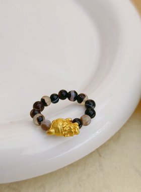 新款小众设计石头玛瑙菩提米珠串珠戒指 复古美拉德指环时尚手饰