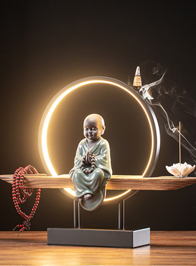 创意灯圈陶瓷大和尚沙弥倒流香炉禅意人物家居摆件客厅玄关