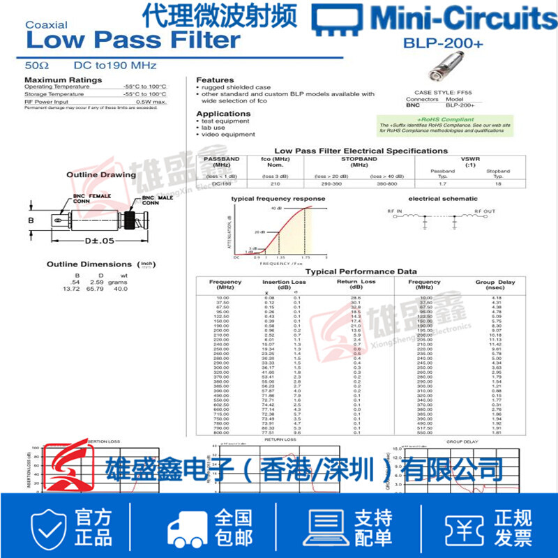 Mini-Circuits BLP-200+ DCto190MHZ  50Ω 射频低通滤波器 - 图3