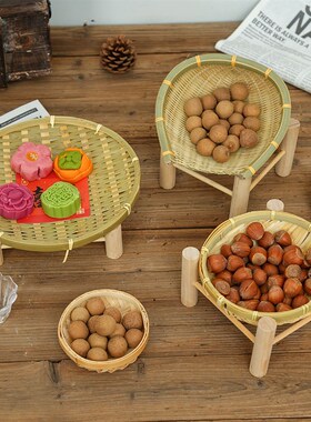 竹编簸箕收纳筐竹筛农家手工馒头篮子手提沥水水果小萝筐摄影道具