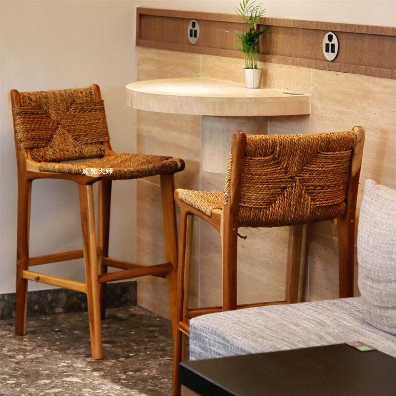 侘寂风岛台吧凳椅子藤编高脚椅实木轻奢高级感高脚椅家用卡座座椅,淘宝优惠券,粉丝福利购,淘宝优惠卷