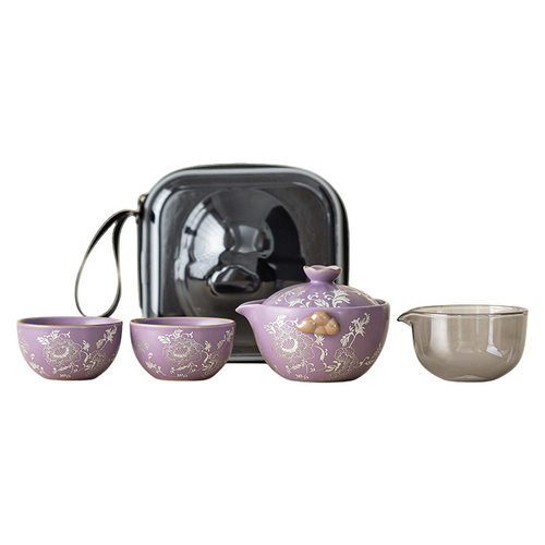 几欢紫汝鎏银牡丹缠枝莲一壶二杯旅行茶具家用户外便携陶瓷快客杯 - 图3