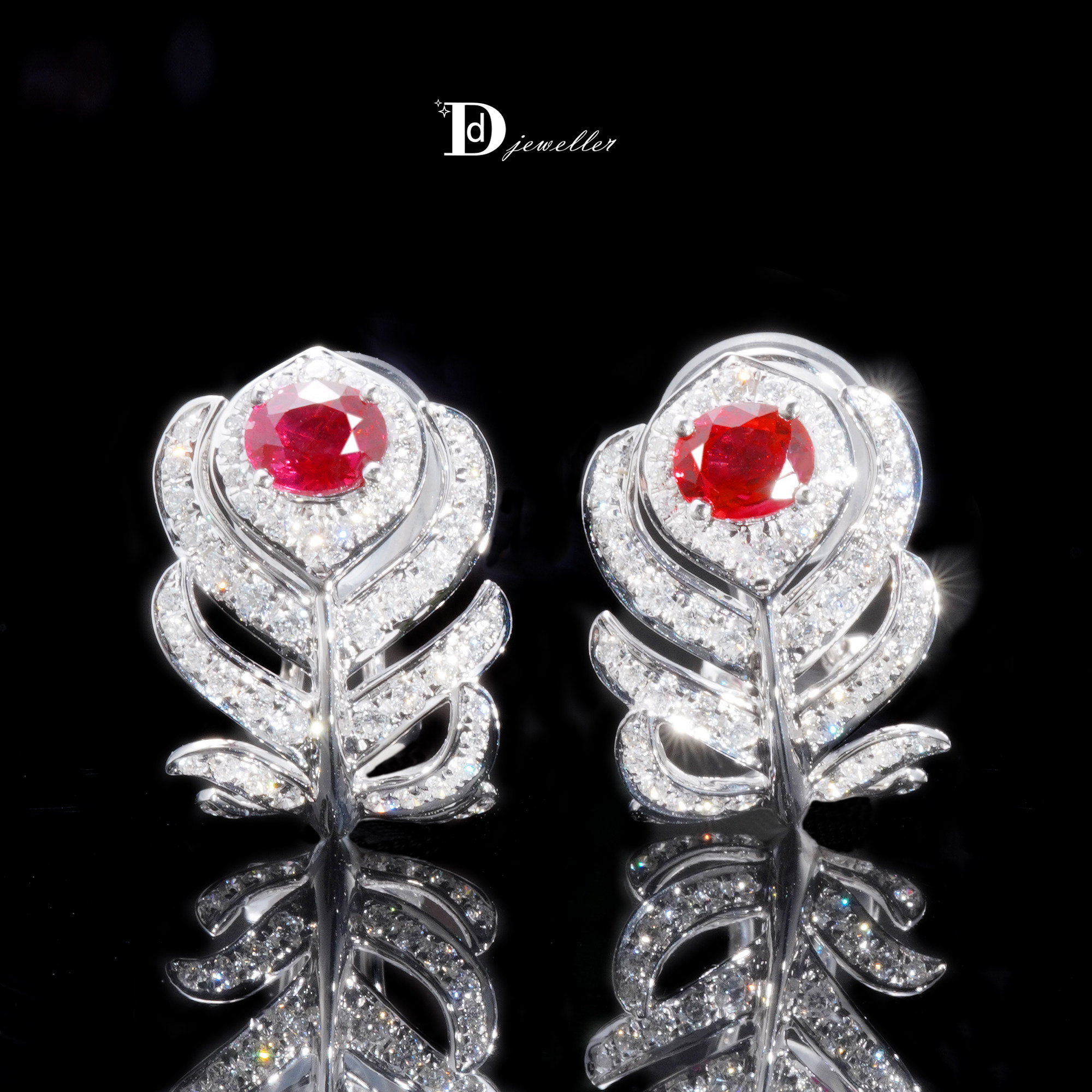 【珠宝人DD】现货18k白镶嵌缅甸红宝石羽毛款耳饰璀璨套系CGRL,淘宝优惠券,粉丝福利购,淘宝优惠卷