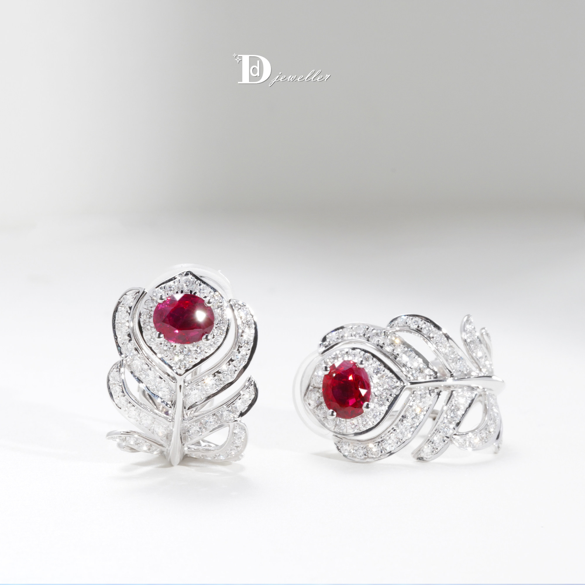 【珠宝人DD】现货18k白镶嵌缅甸红宝石羽毛款耳饰璀璨套系CGRL,淘宝优惠券,粉丝福利购,淘宝优惠卷