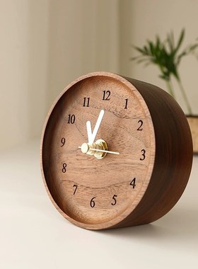 爆品厂促桌面小台钟黑胡桃实木床头台式小型钟表家用简约大方