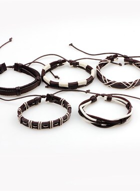 韩版流行时尚diy组合套装男士手链复古多层编织绑带真皮手链