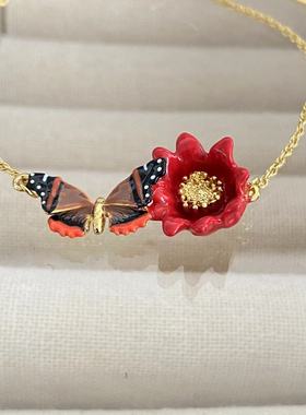 法国珐琅荷兰风情蝴蝶红色花朵手链