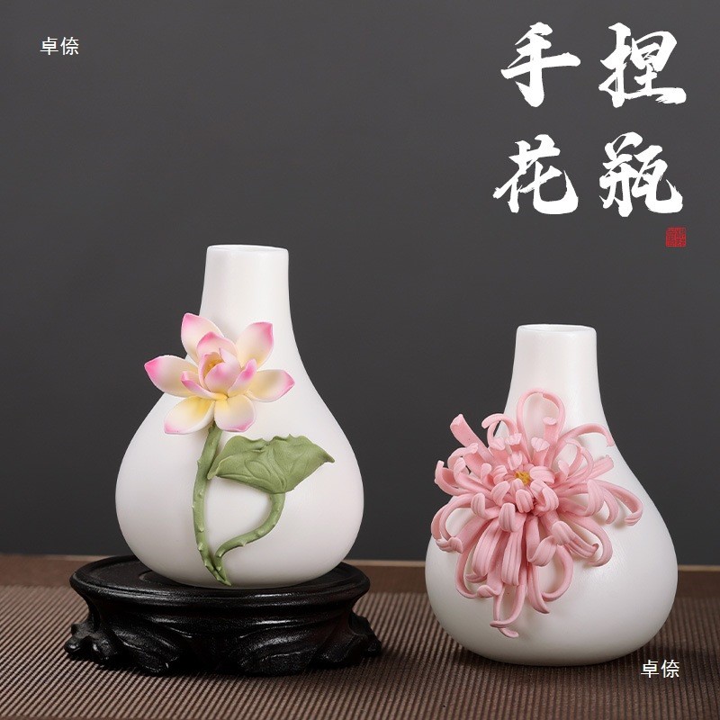 陶瓷手捏小花瓶家居生活装饰品手工捏花创意小瓷瓶插花瓶工艺摆件 - 图1