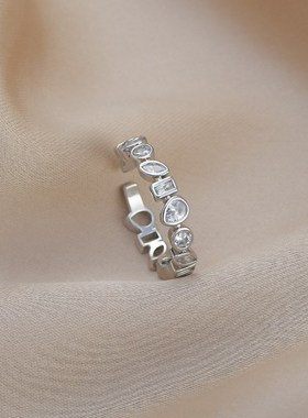 真金电镀镶锆石个性开口戒指女小众设计感几何C形食指戒百搭指环