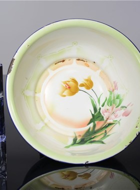 老物件怀旧搪瓷脸盆花卉喜字图案旧搪F瓷脸盘收藏道具装饰摆设洗