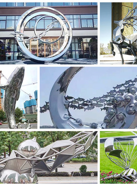 不锈钢雕塑水景喷雾圆环白钢镂空鹿镜面锻造景观广场廊架摆件雕塑