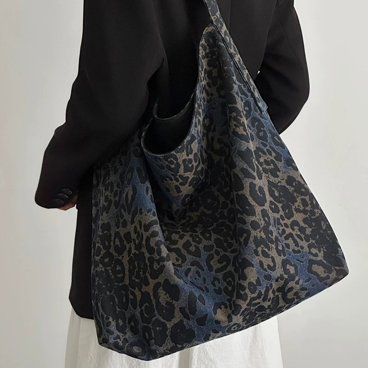 秋冬新款豹纹托特包大容量牛仔布通勤百搭辣妹风单肩斜挎慵懒风女,淘宝优惠券,粉丝福利购,淘宝优惠卷