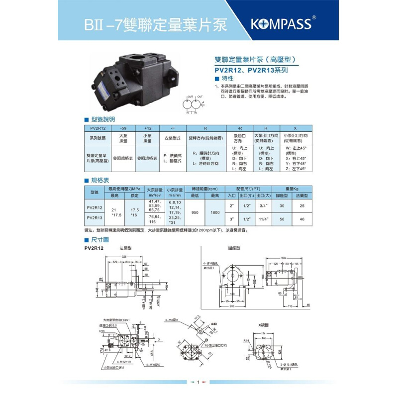 台湾康百世kompass双联叶片泵PV2R13-94-10-FR PV2R13-94-12-FR - 图0