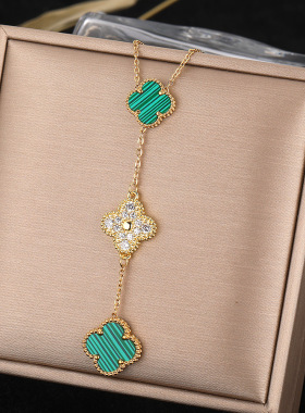 新款闪亮满钻新运草项链女ins轻奢感贝母好运钛钢锁骨链时尚饰品