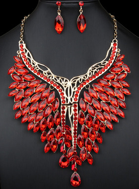 跨境欧美时尚夸张水晶宝石水滴吊坠项链耳环套装奢华女配饰品