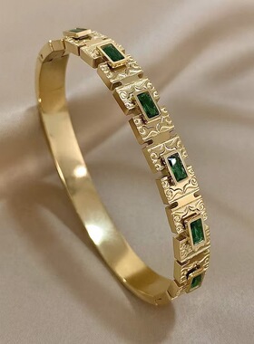 跨境新品不锈钢手镯感复古祖母绿镯子女欧美小众绿方块手环