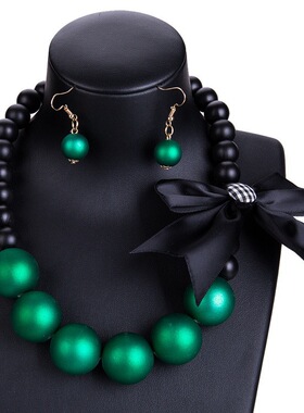 欧美夸张时尚蝴蝶结树脂项链套装耳环波西米亚风吊坠