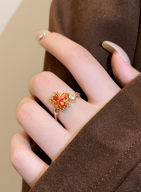 红色枫叶锆石开口戒指女小众复古轻奢感食指戒气质百搭手饰品