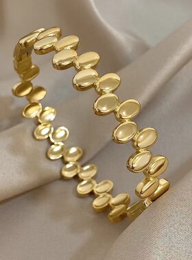 金色交错椭圆钛钢镀18K金色手镯法式复古精致开口镯子卡扣手环