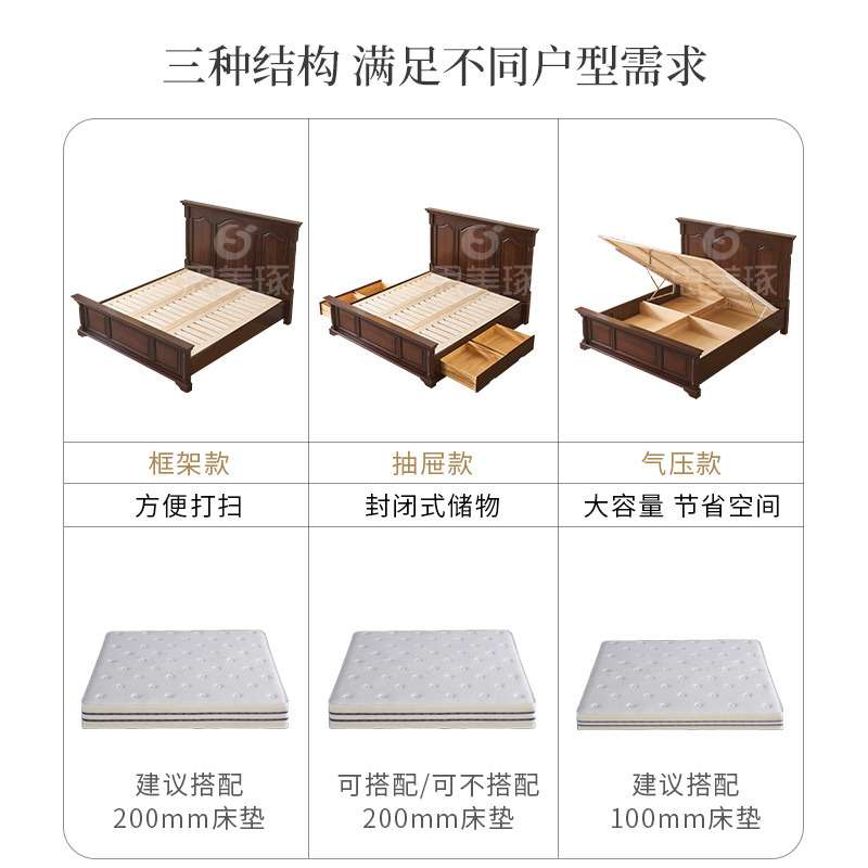 美式床复古美式实木床双人床法式大床卧室床主卧家具美式轻奢床 - 图1