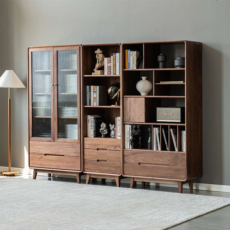 北欧黑胡桃木实木组合大容量书柜置物柜简约书房落地书架满墙书橱 - 图0