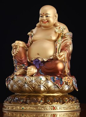极速笑佛摆件笑佛像大肚弥勒佛全铜高温J彩绘布袋弥勒坐像客厅招