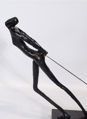 极速现代极简抽象黑色拉绳人雕塑铸铁摆J件别墅酒店家居玄关软装