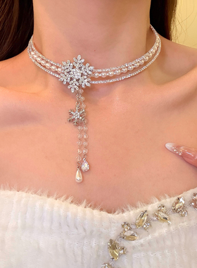 冬日女主闪锆雪花流苏珍珠项链