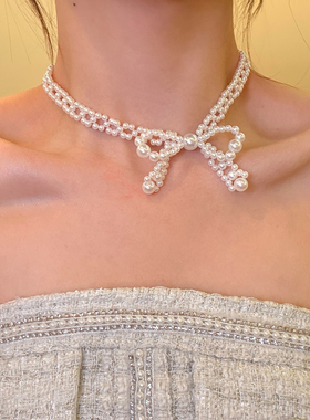 甜心环绕蝴蝶结珍珠choker