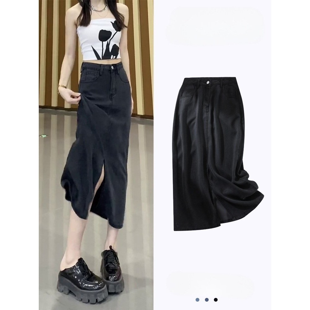 黑色开叉天丝牛仔半身裙女夏季薄款小个子高腰显瘦包臀a字中长裙,淘宝优惠券,粉丝福利购,淘宝优惠卷