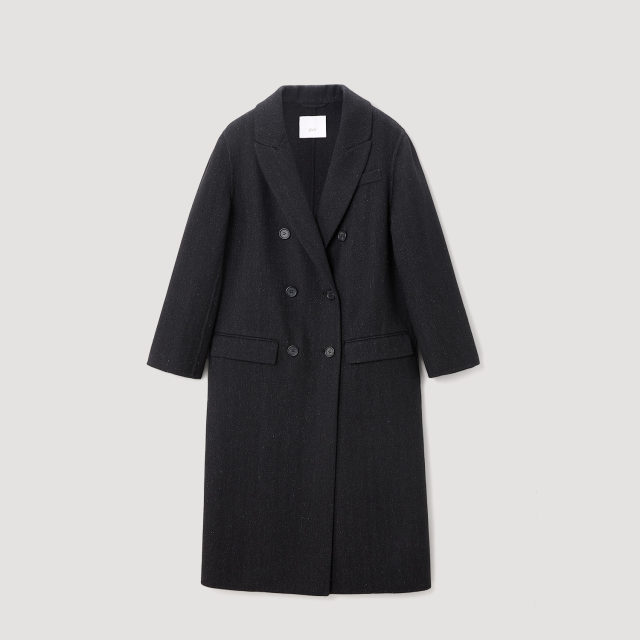 OVV Outlet秋冬女经典撞色复古双排扣长款亚麻羊毛混纺大衣