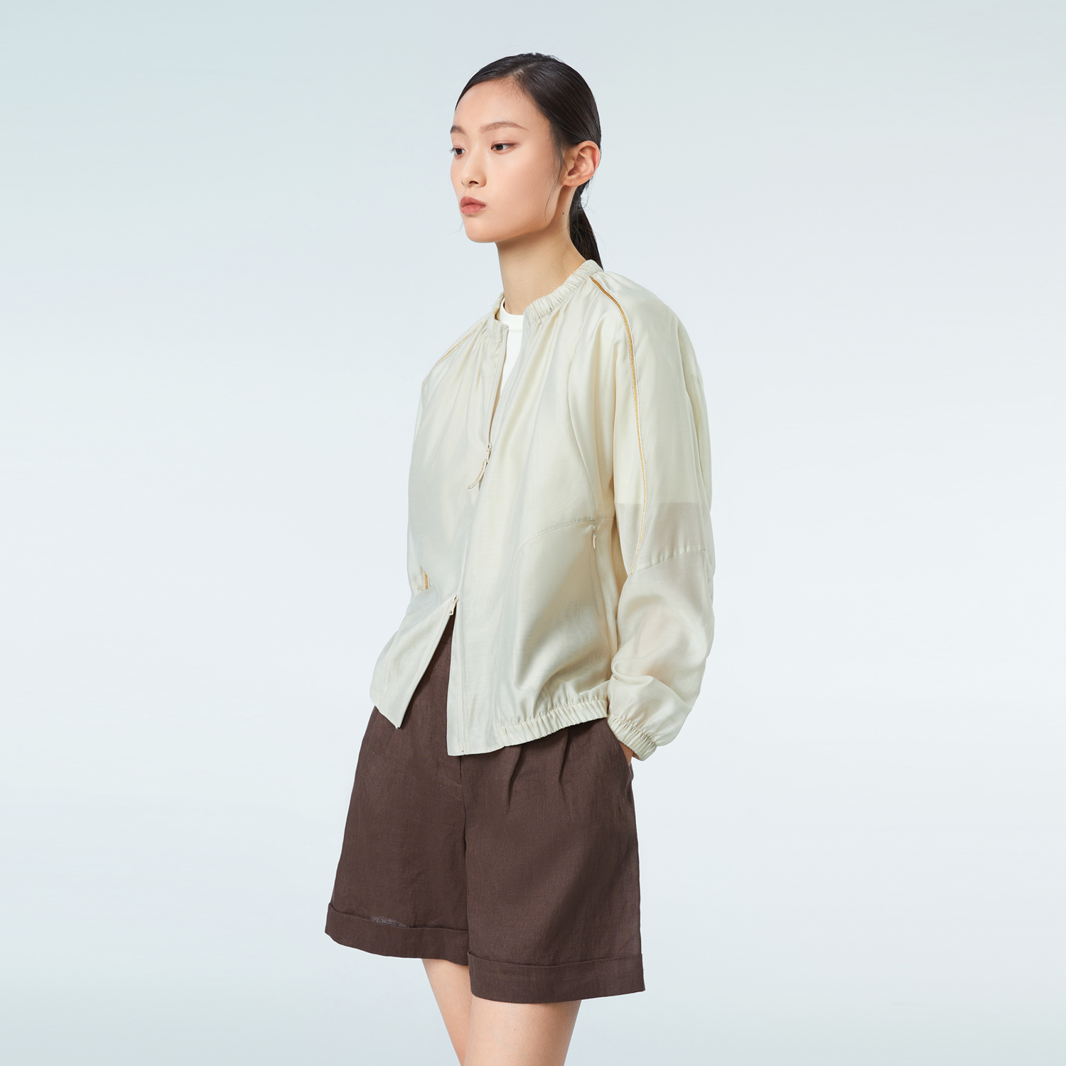 OVV春夏热卖女装大地色系轻薄精致松紧圆领休闲夹克外套