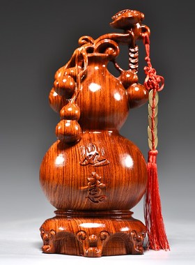 花梨木雕福禄如意葫芦摆件实木客厅红木质家居中式V装饰送礼工艺