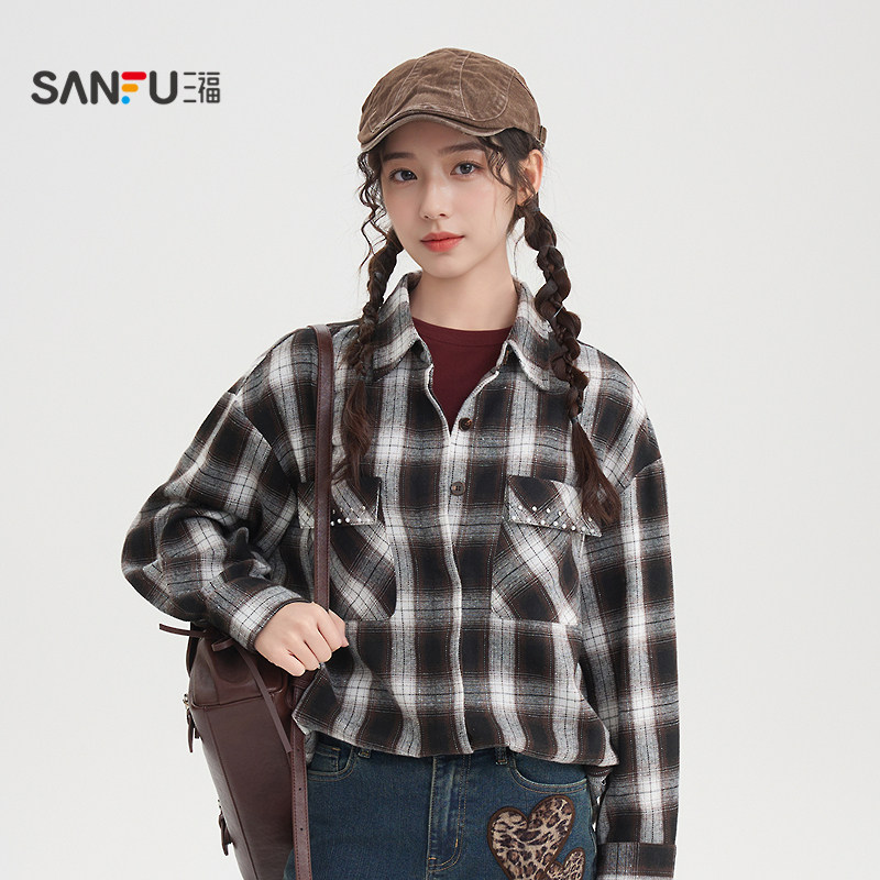 三福长衬衫2026春季烫钻口袋宽松中长款翻领上衣女装517498,淘宝优惠券,粉丝福利购,淘宝优惠卷