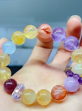 小红书原创大颗粒天然紫水晶黄水晶单圈圆珠手链多宝手串女小众