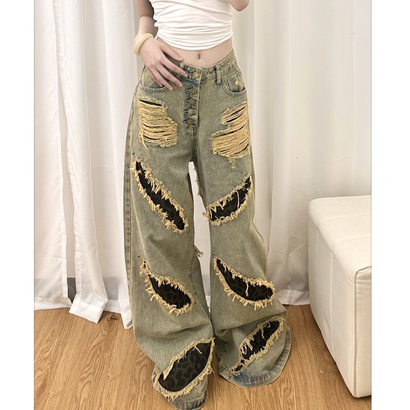 美式辣妹设计拼接豹纹牛仔裤女2025新款复古磨破宽松拖地阔腿裤潮 - 图1