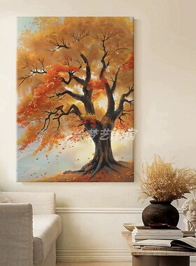 玄关一树金黄色叶子m挂画客厅抽象派艺术发财树壁画大幅落地装饰