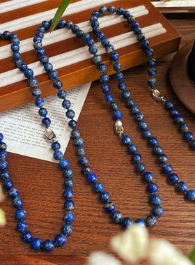 8mm颗颗打结天然青花瓷青金石项链复古蓝白金撞色青金石圆珠项链