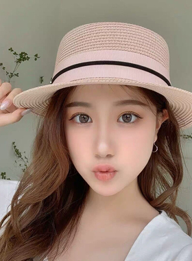 帽子女帽潮d流韩版百搭m标平顶小沿礼帽夏天粉色草帽女夏小清新