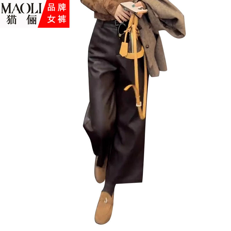 加绒加厚咖色阔腿皮裤女秋冬新款2025流行的爆款高腰九分直筒裤子,淘宝优惠券,粉丝福利购,淘宝优惠卷