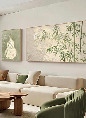 绿色竹子沙发背景墙挂画新中式禅意荷花客厅装饰画办公室茶室壁画